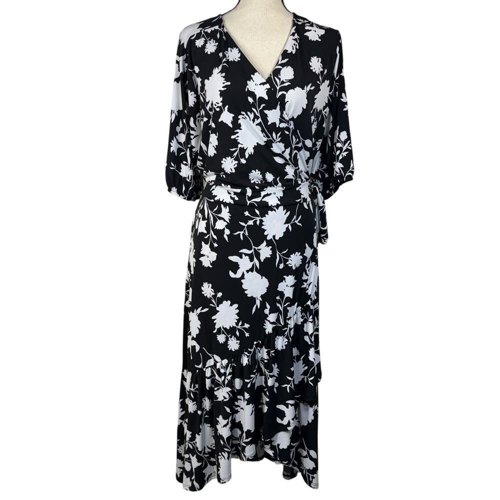 Lane Bryant SZ 20 Hi-Low Midi Dress Faux Wrap Floral Stretch Surplice V-Neck